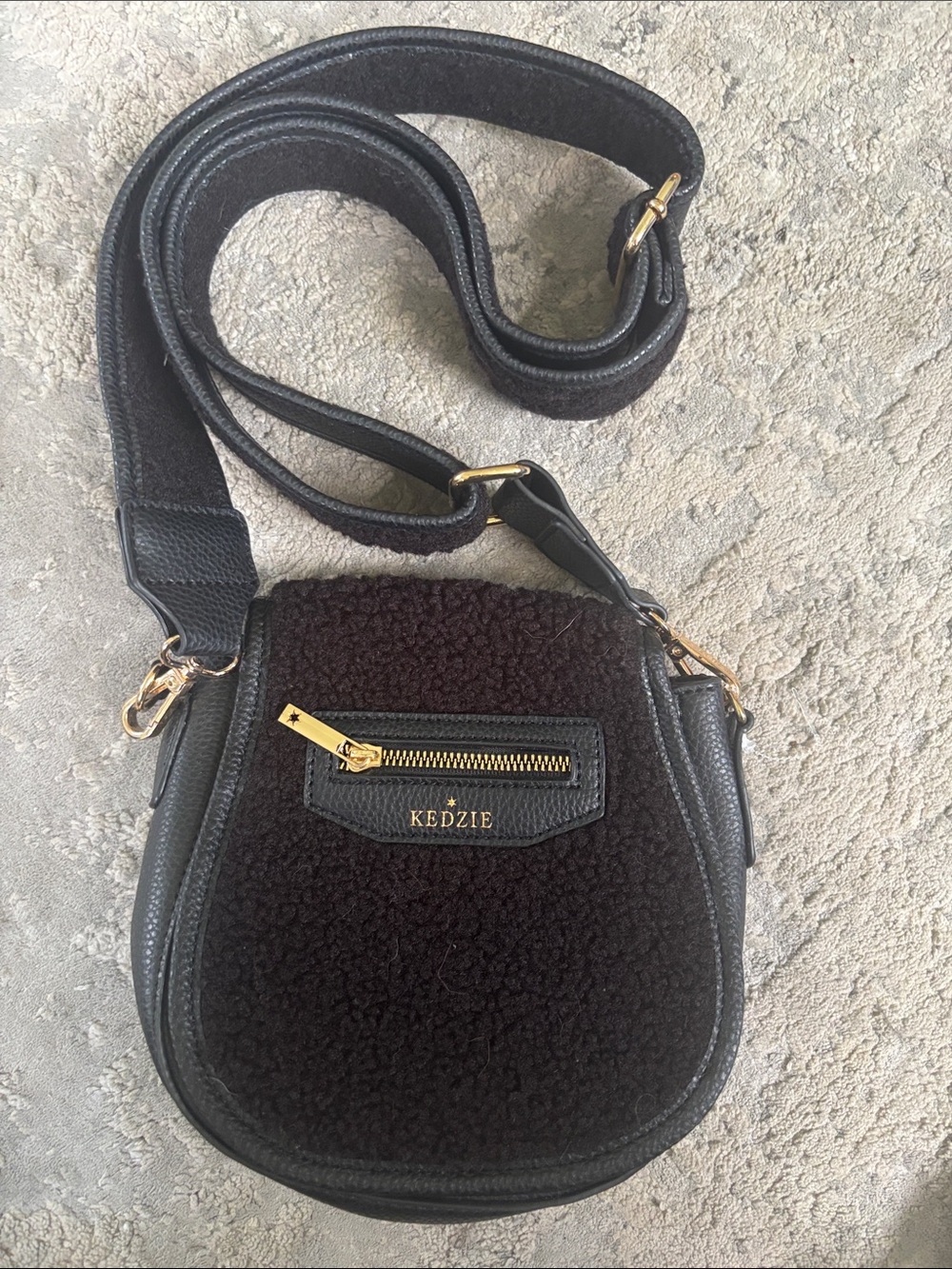 kenzie Black Shearling-Front Crossbody Bag with Gold Hardware